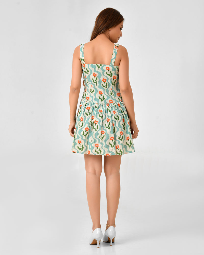 Green Cotton Square Neck Fit & Flare Dress