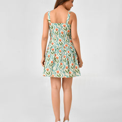 Green Cotton Square Neck Fit & Flare Dress