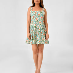 Green Cotton Square Neck Fit & Flare Dress