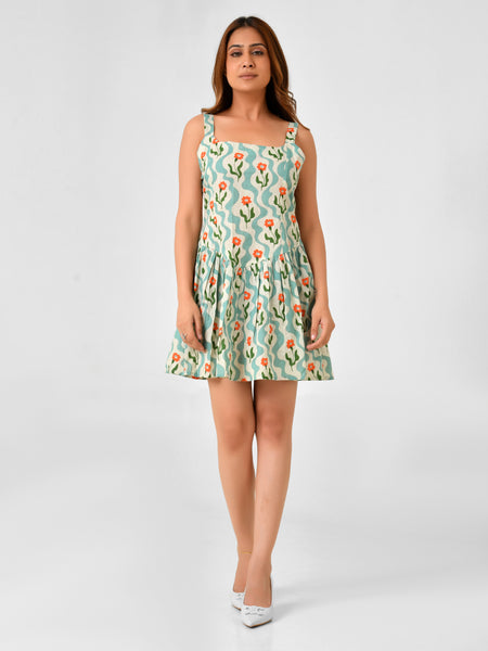 Green Cotton Square Neck Fit & Flare Dress