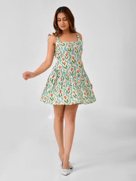 Green Cotton Square Neck Fit & Flare Dress