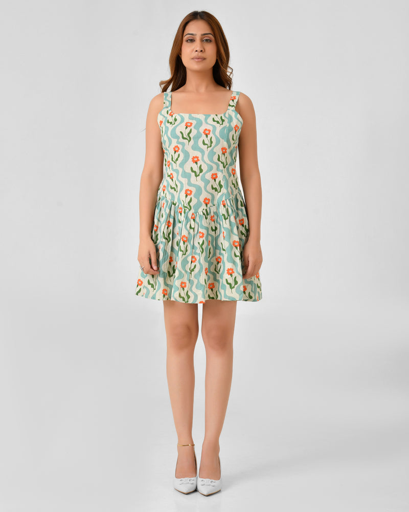 Green Cotton Square Neck Fit & Flare Dress