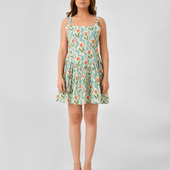 Green Cotton Square Neck Fit & Flare Dress