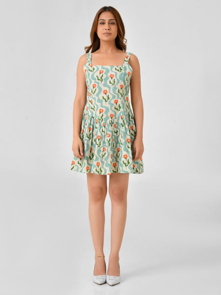 Green Cotton Square Neck Fit & Flare Dress