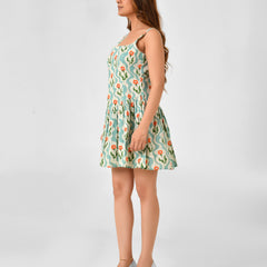 Green Cotton Square Neck Fit & Flare Dress