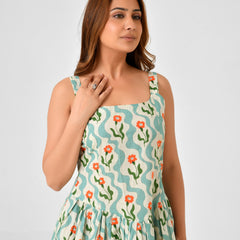 Green Cotton Square Neck Fit & Flare Dress