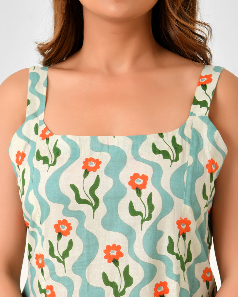 Green Cotton Square Neck Fit & Flare Dress