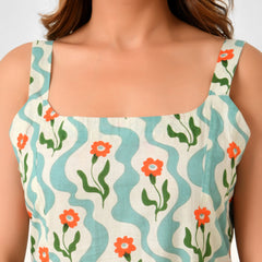 Green Cotton Square Neck Fit & Flare Dress