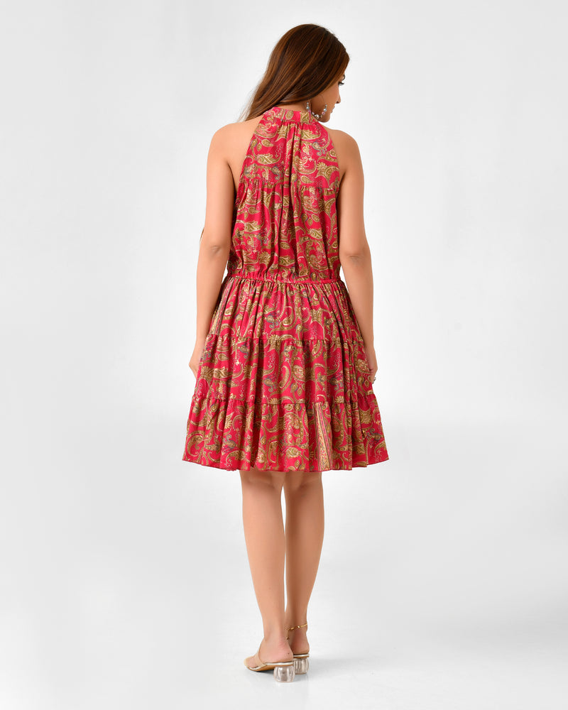 Floral Printed Sleeveless High Neck Dress