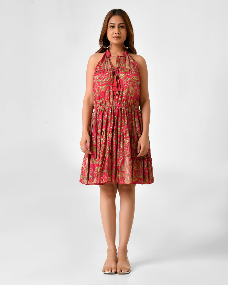 Floral Printed Sleeveless High Neck Dress