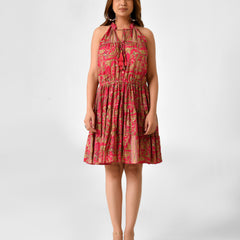 Floral Printed Sleeveless High Neck Dress