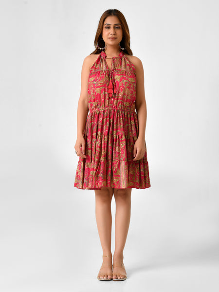 Floral Printed Sleeveless High Neck Dress