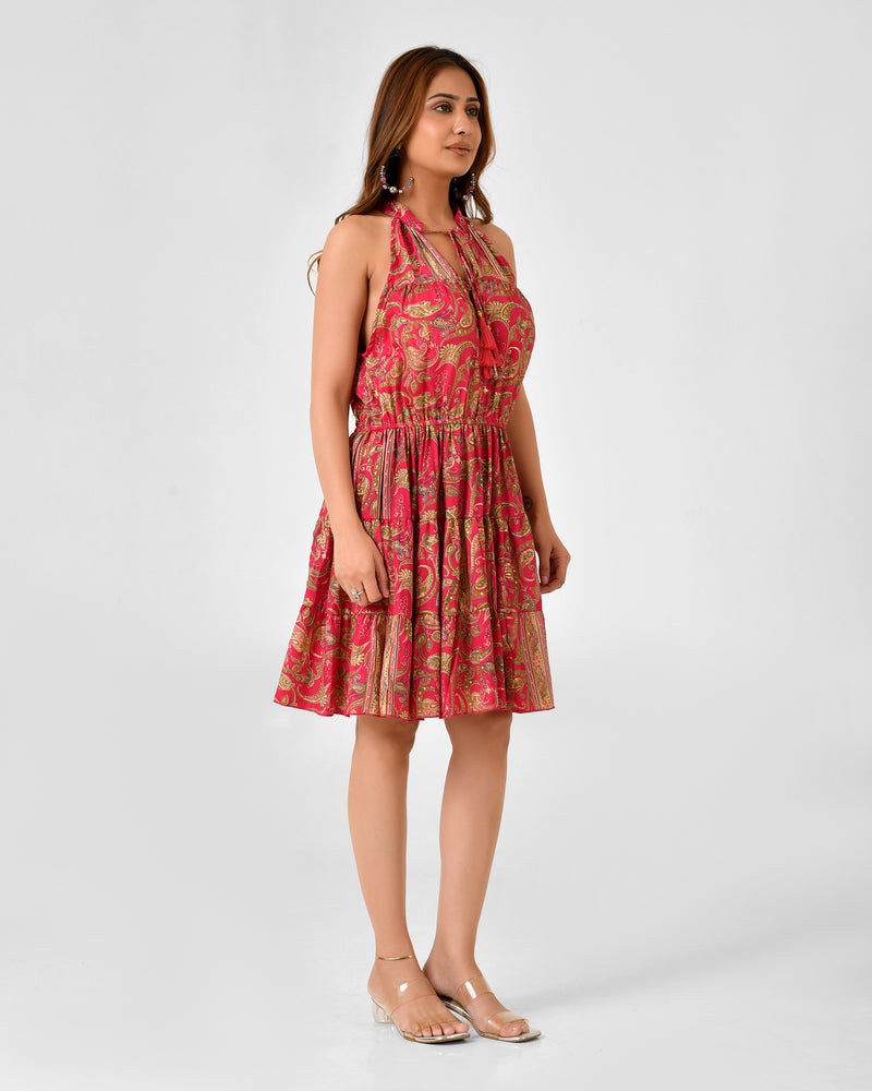 Floral Printed Sleeveless High Neck Dress