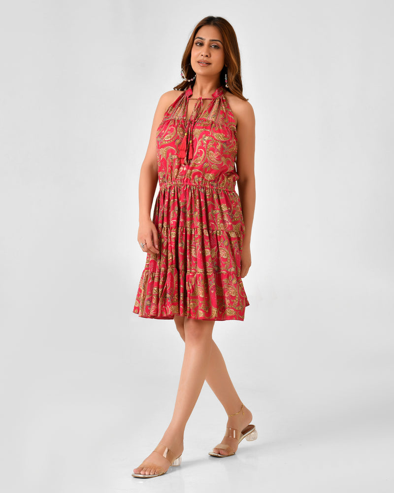 Floral Printed Sleeveless High Neck Dress