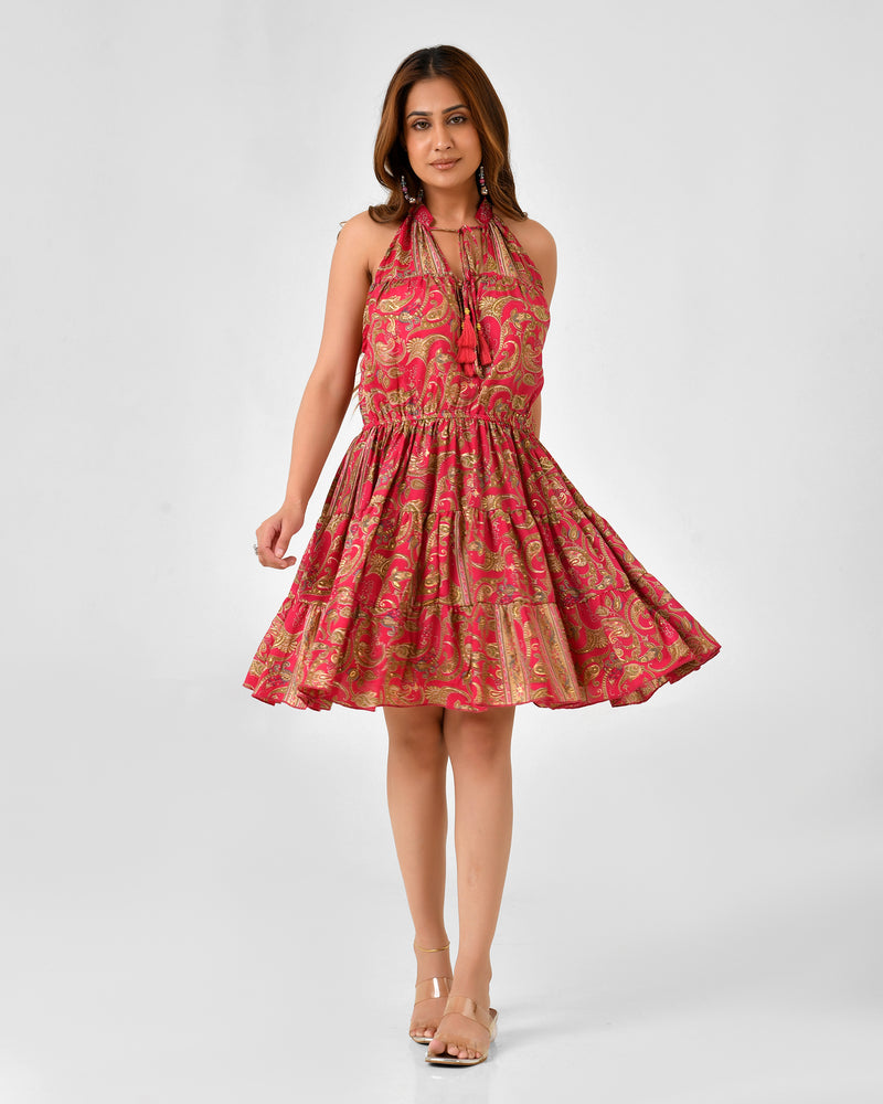 Floral Printed Sleeveless High Neck Dress