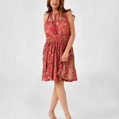 Floral Printed Sleeveless High Neck Dress