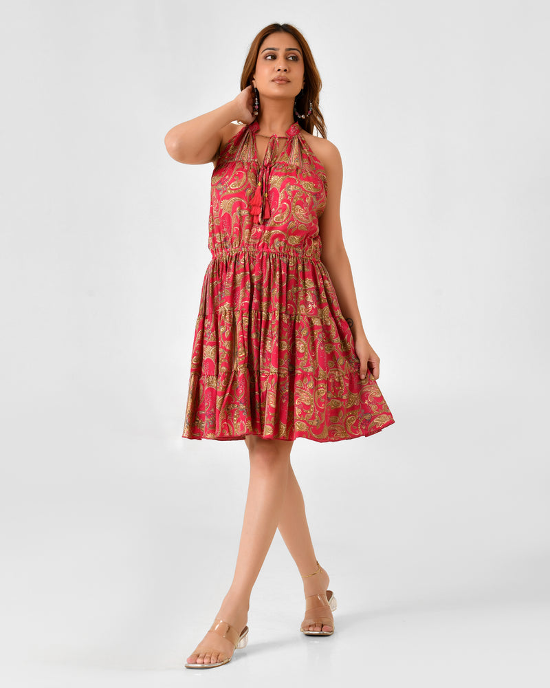 Floral Printed Sleeveless High Neck Dress