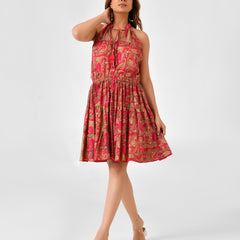 Floral Printed Sleeveless High Neck Dress