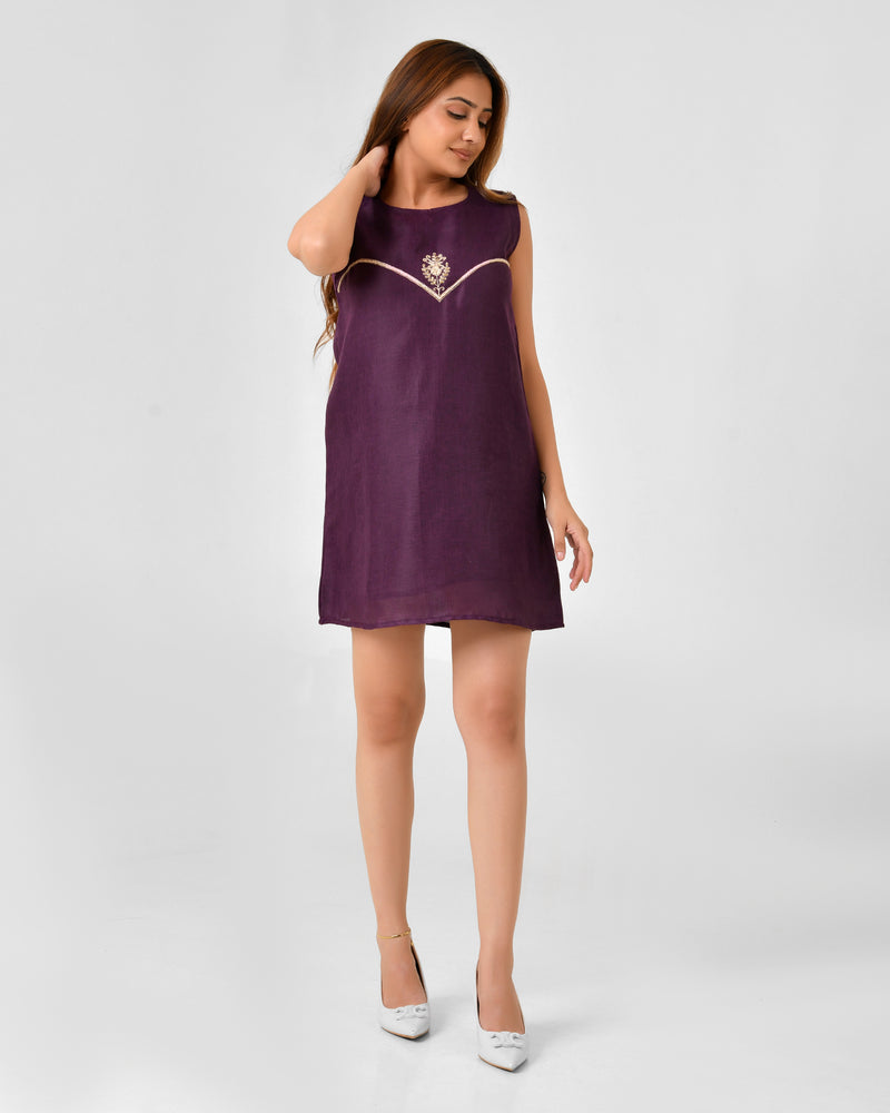 Purple Embroidered A-Line Midi Dress