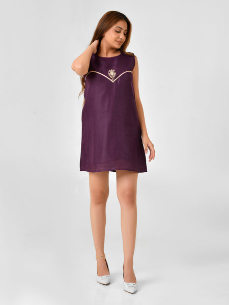 Purple Embroidered A-Line Midi Dress