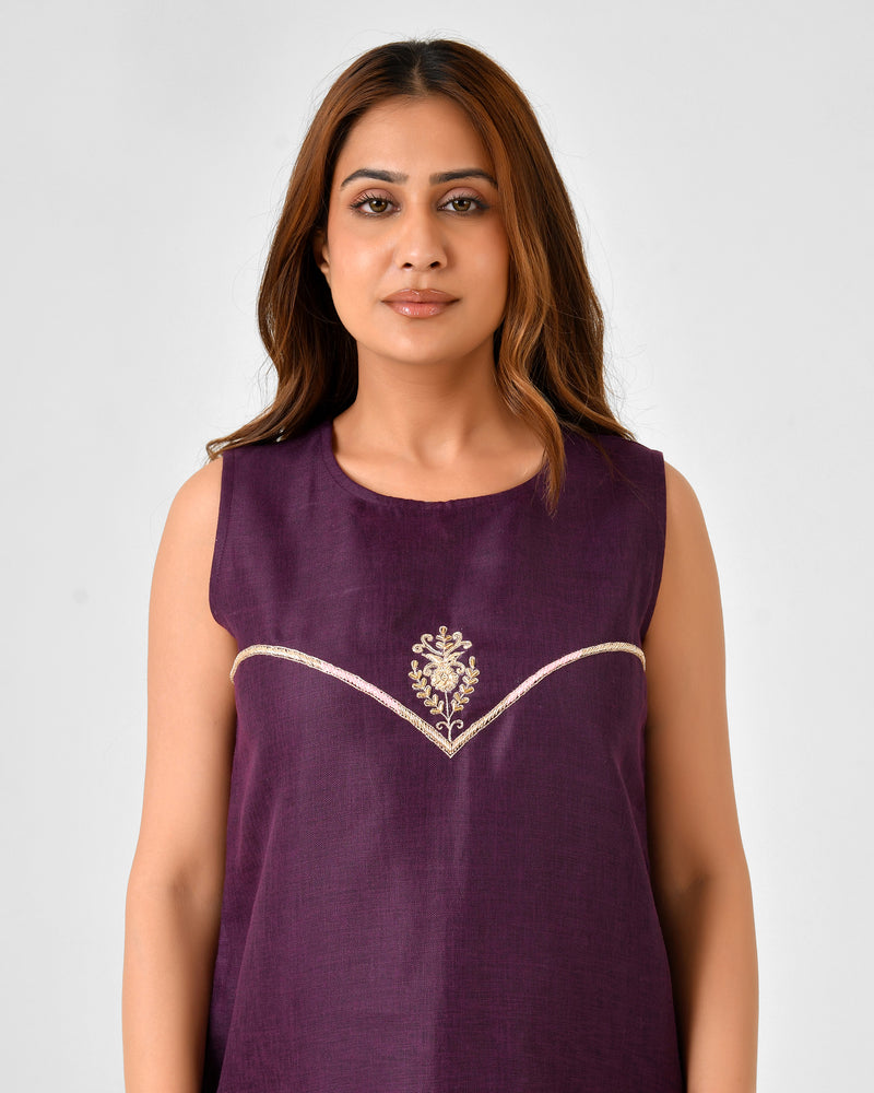 Purple Embroidered A-Line Midi Dress