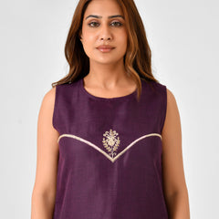 Purple Embroidered A-Line Midi Dress