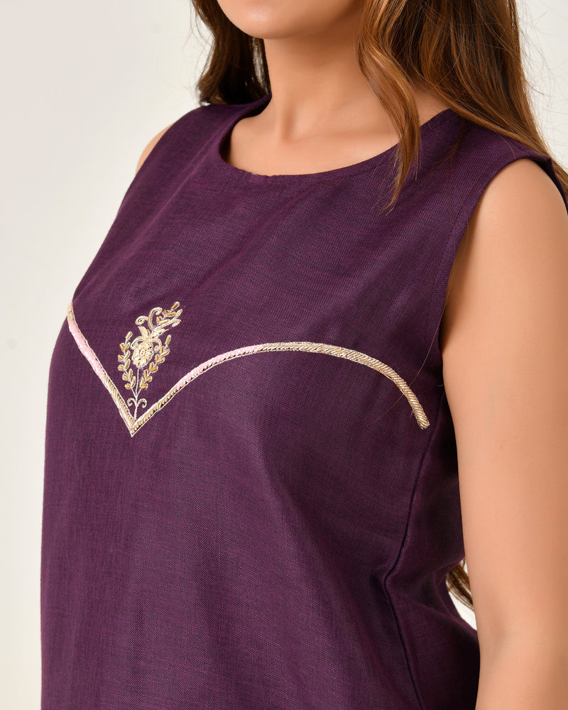 Purple Embroidered A-Line Midi Dress