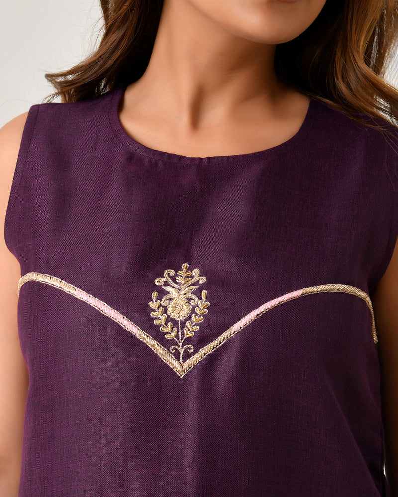 Purple Embroidered A-Line Midi Dress