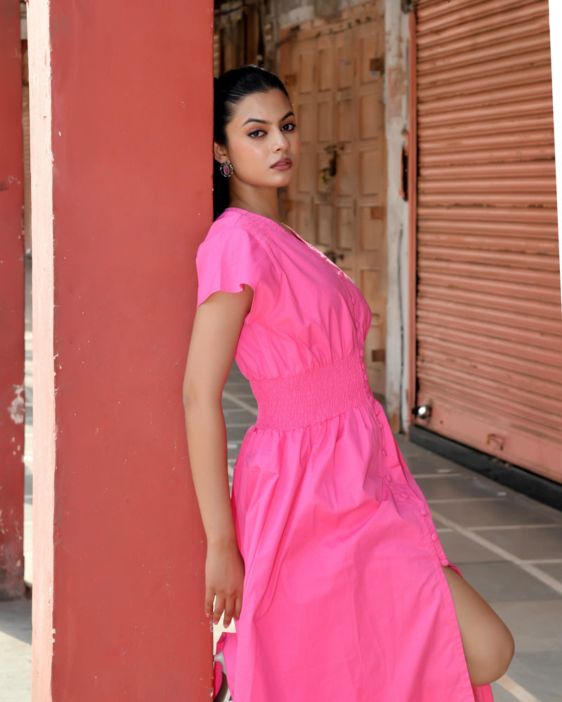 Pink Cotton Poplin V-Neck Tiered Midi Dress