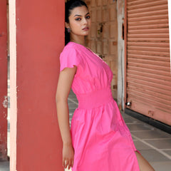 Pink Cotton Poplin V-Neck Tiered Midi Dress