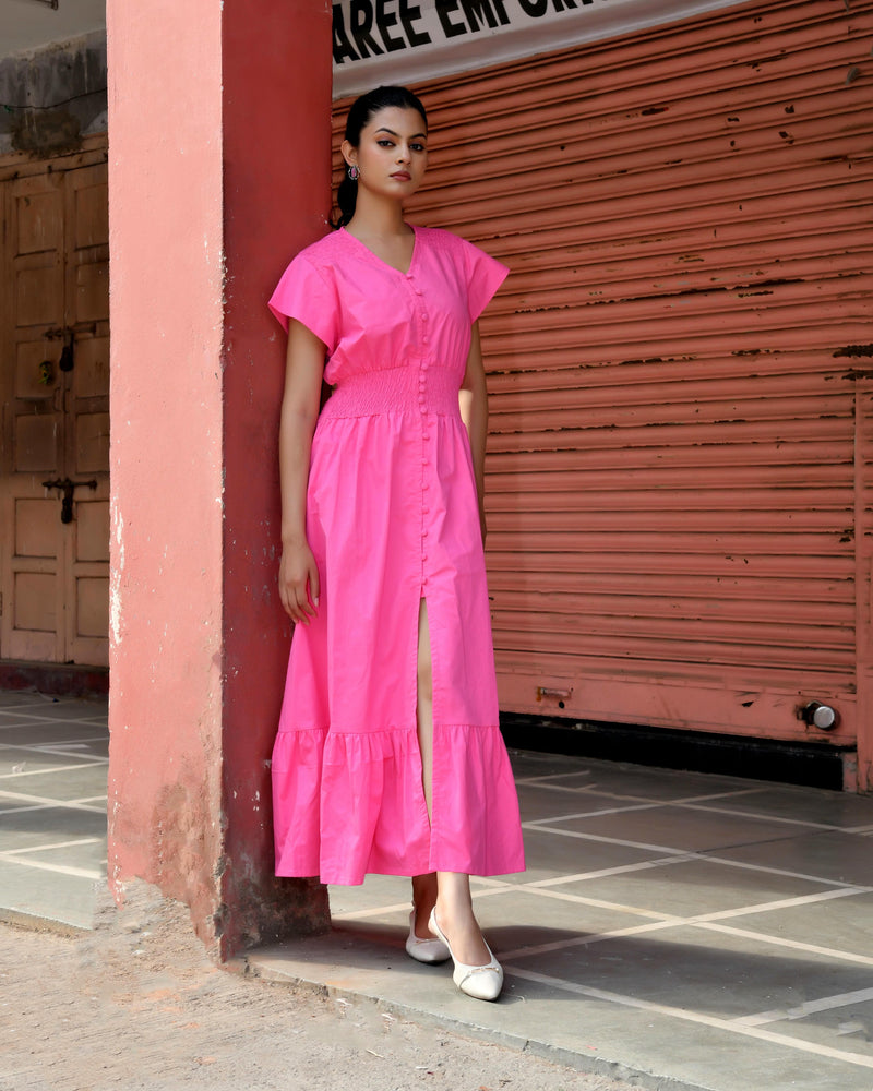 Pink Cotton Poplin V-Neck Tiered Midi Dress