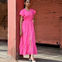 Pink Cotton Poplin V-Neck Tiered Midi Dress