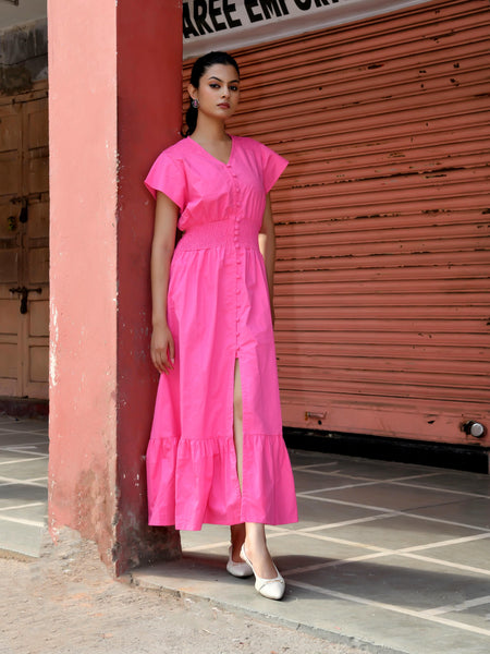 Pink Cotton Poplin V-Neck Tiered Midi Dress
