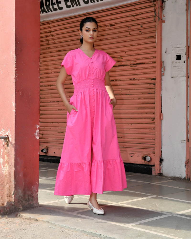Pink Cotton Poplin V-Neck Tiered Midi Dress