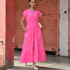 Pink Cotton Poplin V-Neck Tiered Midi Dress