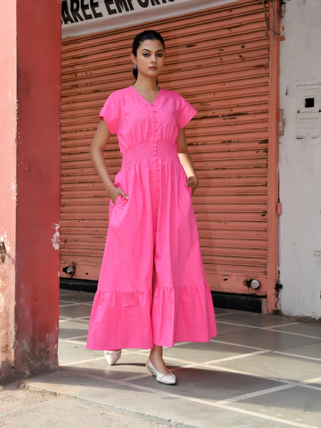 Pink Cotton Poplin V-Neck Tiered Midi Dress