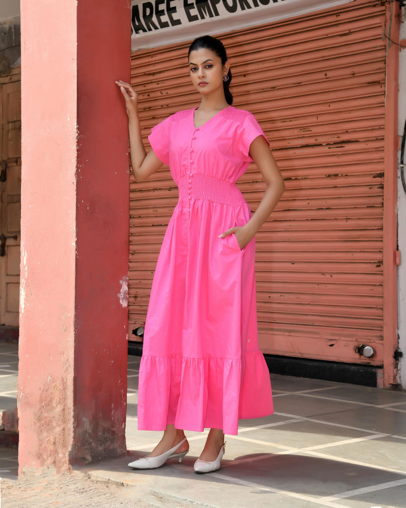 Pink Cotton Poplin V-Neck Tiered Midi Dress