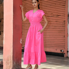 Pink Cotton Poplin V-Neck Tiered Midi Dress