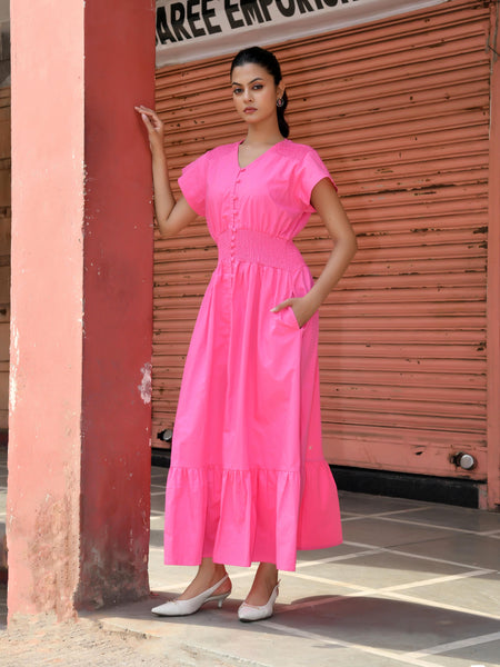 Pink Cotton Poplin V-Neck Tiered Midi Dress