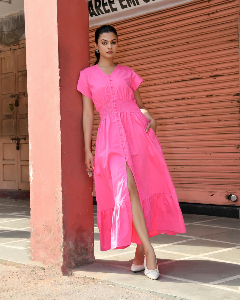 Pink Cotton Poplin V-Neck Tiered Midi Dress