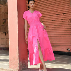Pink Cotton Poplin V-Neck Tiered Midi Dress