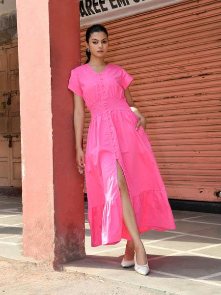 Pink Cotton Poplin V-Neck Tiered Midi Dress