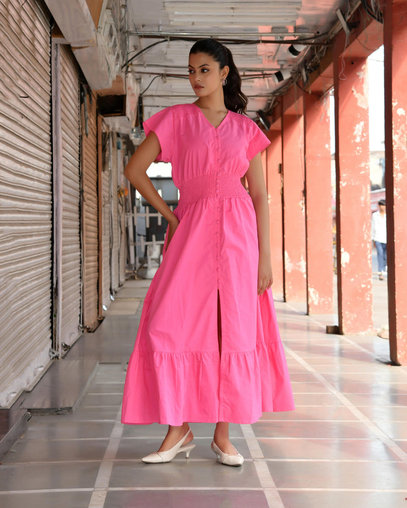 Pink Cotton Poplin V-Neck Tiered Midi Dress