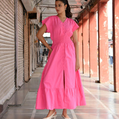 Pink Cotton Poplin V-Neck Tiered Midi Dress
