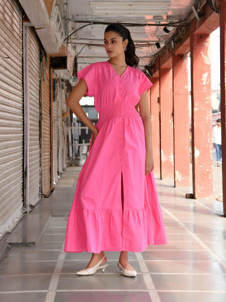 Pink Cotton Poplin V-Neck Tiered Midi Dress