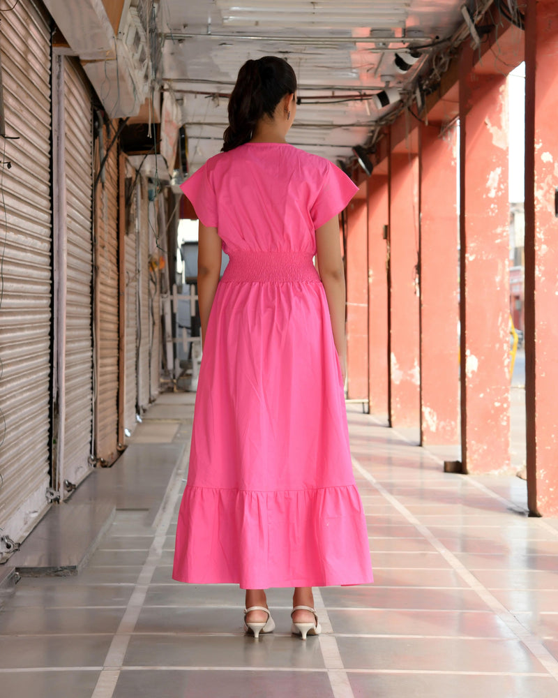 Pink Cotton Poplin V-Neck Tiered Midi Dress