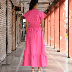 Pink Cotton Poplin V-Neck Tiered Midi Dress