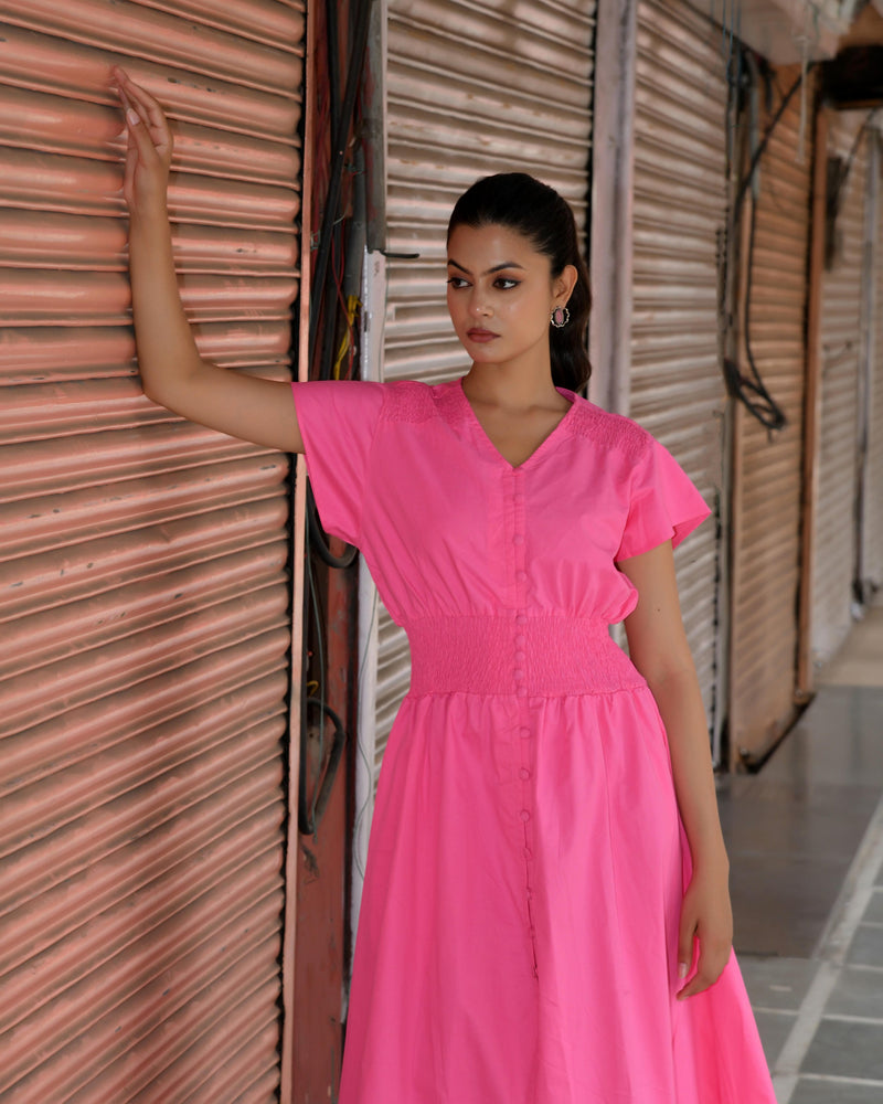 Pink Cotton Poplin V-Neck Tiered Midi Dress