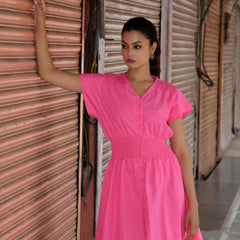 Pink Cotton Poplin V-Neck Tiered Midi Dress